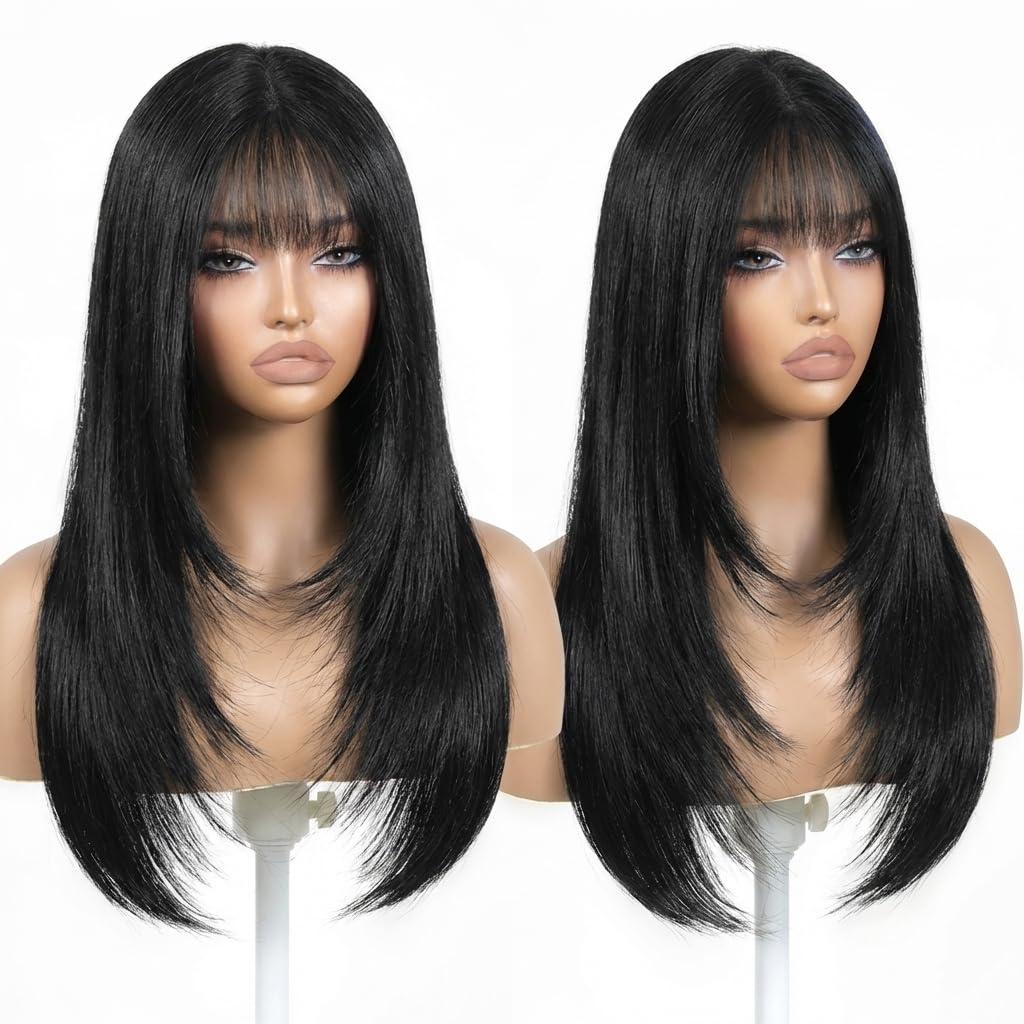 Synthetic Wig With Bangs Heat-Resistant Hair Layered Style Hair