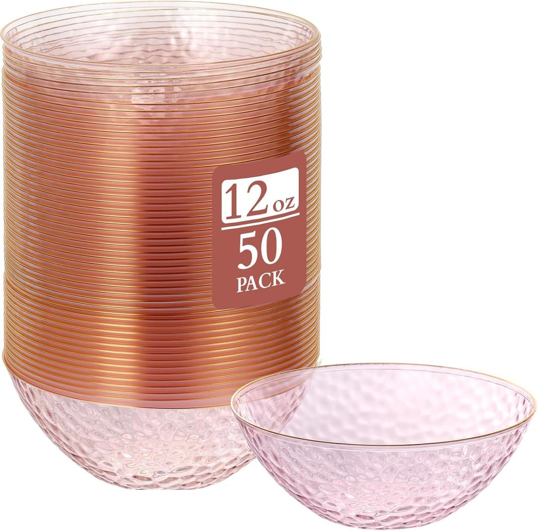50 Pcs 12 oz Clear Plastic Bowls Hammered with Gold Rimmed, Heavyweight Disposable Bowl Set, Salad Dinner Bowls for Party, Wedding, Holiday, Catering (Pink)