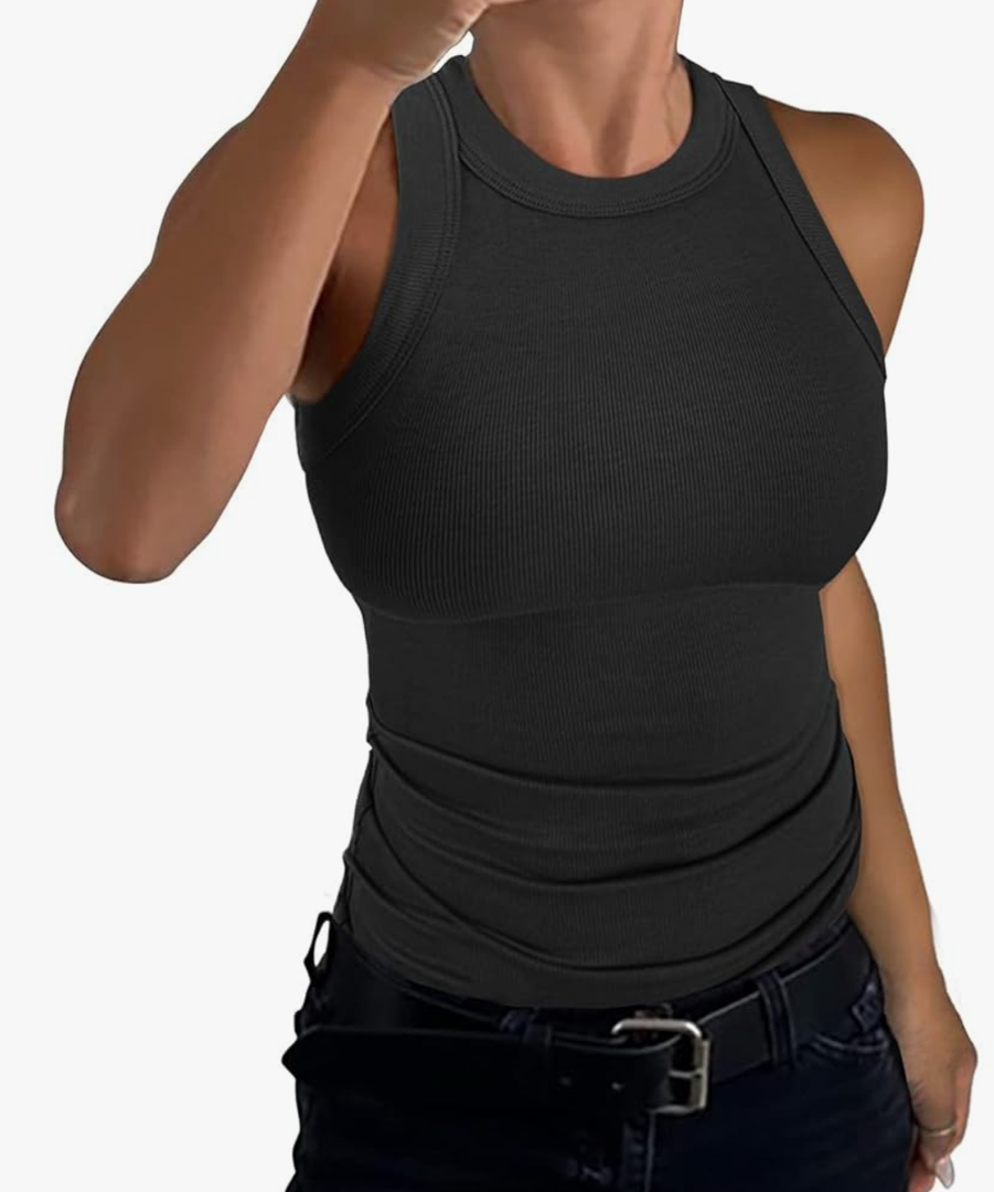 GEMBERA Womens Sleeveless Racerback High Neck Casual Basic Cotton Ribbed Fitted Tank Top. LARGE, Black