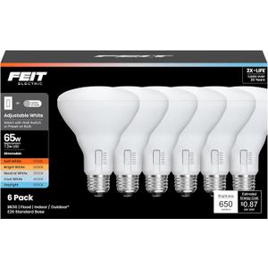 Feit Electric BR30 LED Light Bulb, 65W Equivalent, Dimmable, 650 Lumens, 5-Color Adjustable White, 90+ CRI, General Purpose Flood & Track Lighting, 25,000-Hour Lifetime, BR3065DM/6WYCA/6, 6 Pack