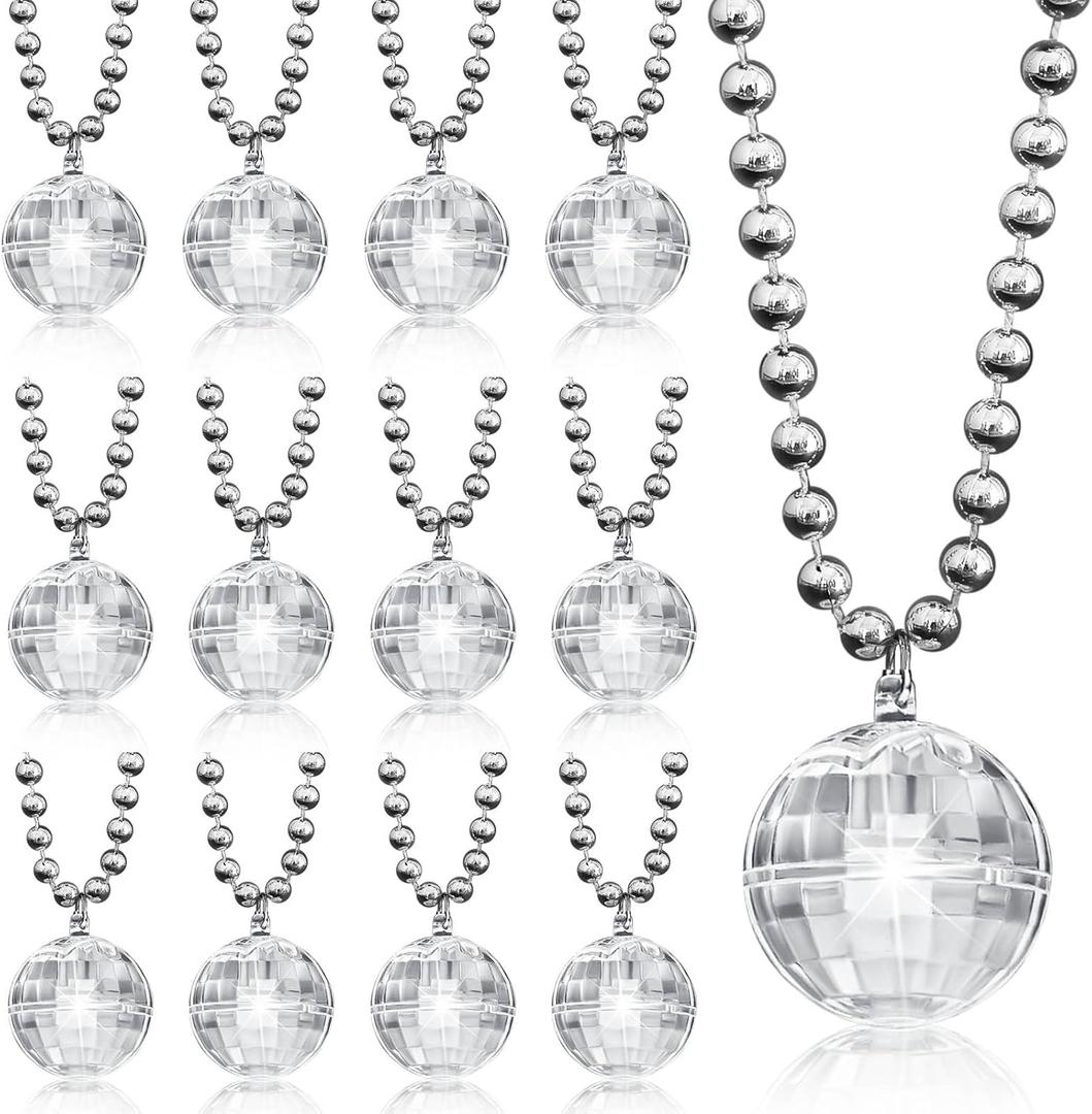 Sasylvia 12 Pcs LED Disco Ball Necklaces Light up Bead Necklaces 70s Disco Party Favors Glow in The Dark Bead Jewelry Costume Accessories for New Year Party Dance Supplies(Silver, White)