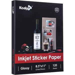 Koala Printable Glossy Sticker Paper for Inkjet Printer, White, 8.5x11 Inch Self-Adhesive Photo Sticker Printer Paper, (120 Sheets)