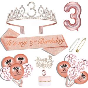 Rose Gold 3rd Birthday Decorations - Sash, Crown, Cake Topper, Balloons, Pin & Candle Set