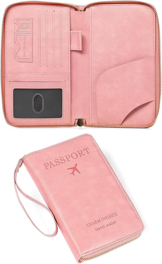 Leather RFID Blocking Passport Holder Travel Wallet, Passport Cover/Travel Wallet for Women/Men with (Light Pink)
