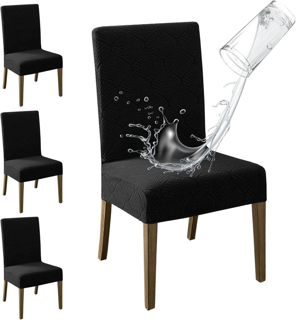 MOSAYT 100% Waterproof Dining Room Chair Covers Set Of 4, Super Fit Stretch Jacquard Parson Chairs Slipcovers Removable Washable Chair Seat Protectors for Home, Kitchen, Banquet (Black)