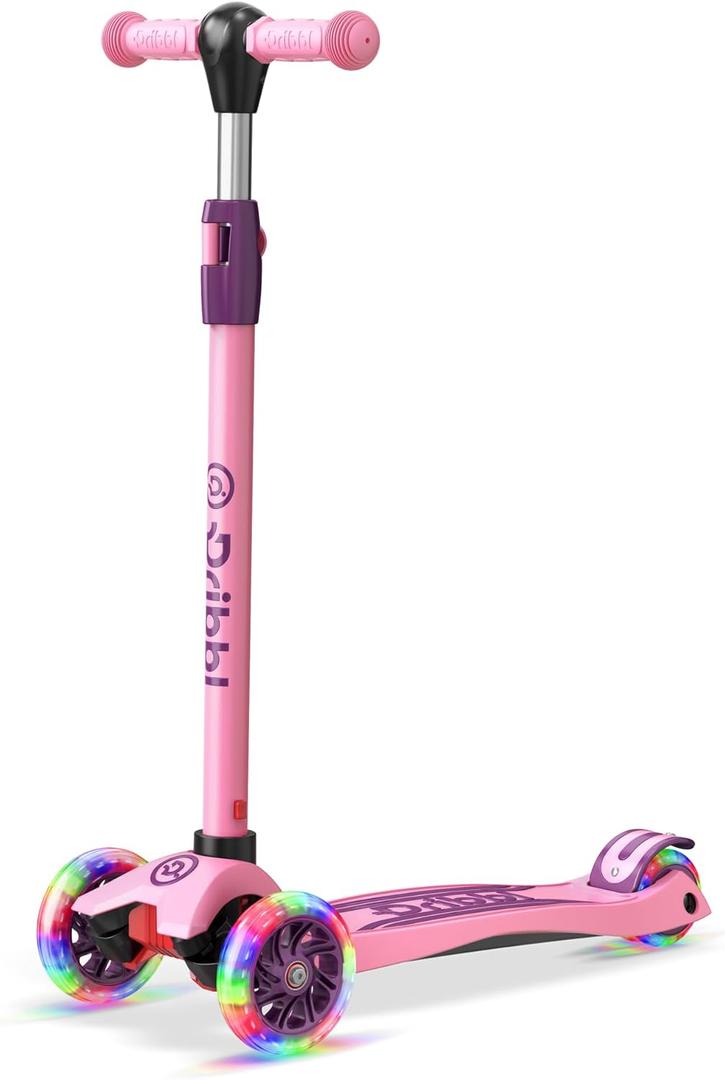 Dribbl 3-Wheel Kids Scooter - Lean-to-Steer Technology, Adjustable Height Handlebar, Wide Deck, Scooter for Boys & Girls Ages 3+, Child Safety Approved, Support Riders Up to 165 lbs, Purple and Pink