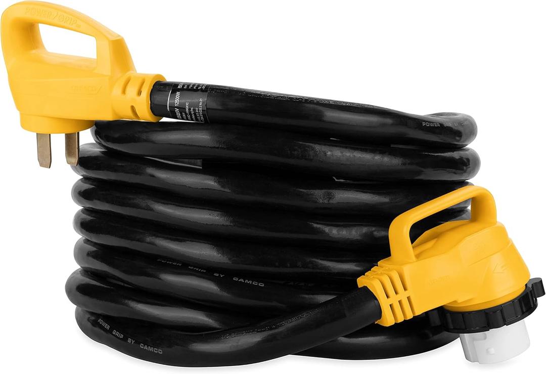Camco Power Grip 25-Ft 50 Amp RV Extension Cord w/90 Locking End - Rated for 125/250V & 12,500W - Features Threaded Locking Ring for Weatherproof Connection & Coated w/Heat-Resilient PVC (55574)