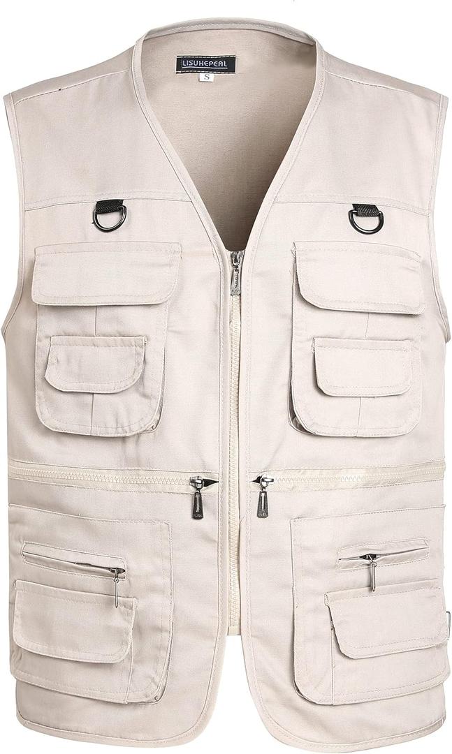 Mens Fishing Vest Summer Outdoor Work Safari Travel Photo Vest with Multi Pockets (Small, Beige)