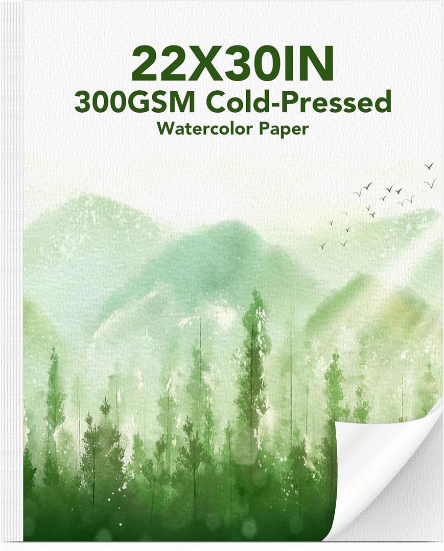 30-Sheet Watercolor Paper Pad 22 x 30 in, Cold Press, 300 GSM | Acid-Free Heavyweight Sheets, Textured Surface, Strong Absorbency, for Watercolor, Gouache, Acrylic, Charcoal