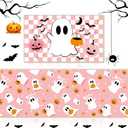 Duraaamo Set of 2 Halloween Ghost Kitchen Mats Pink Cute Halloween Bathroom Rug Non Slip Floor Mat for Kitchen Vintage Farmhouse Indoor Outdoor