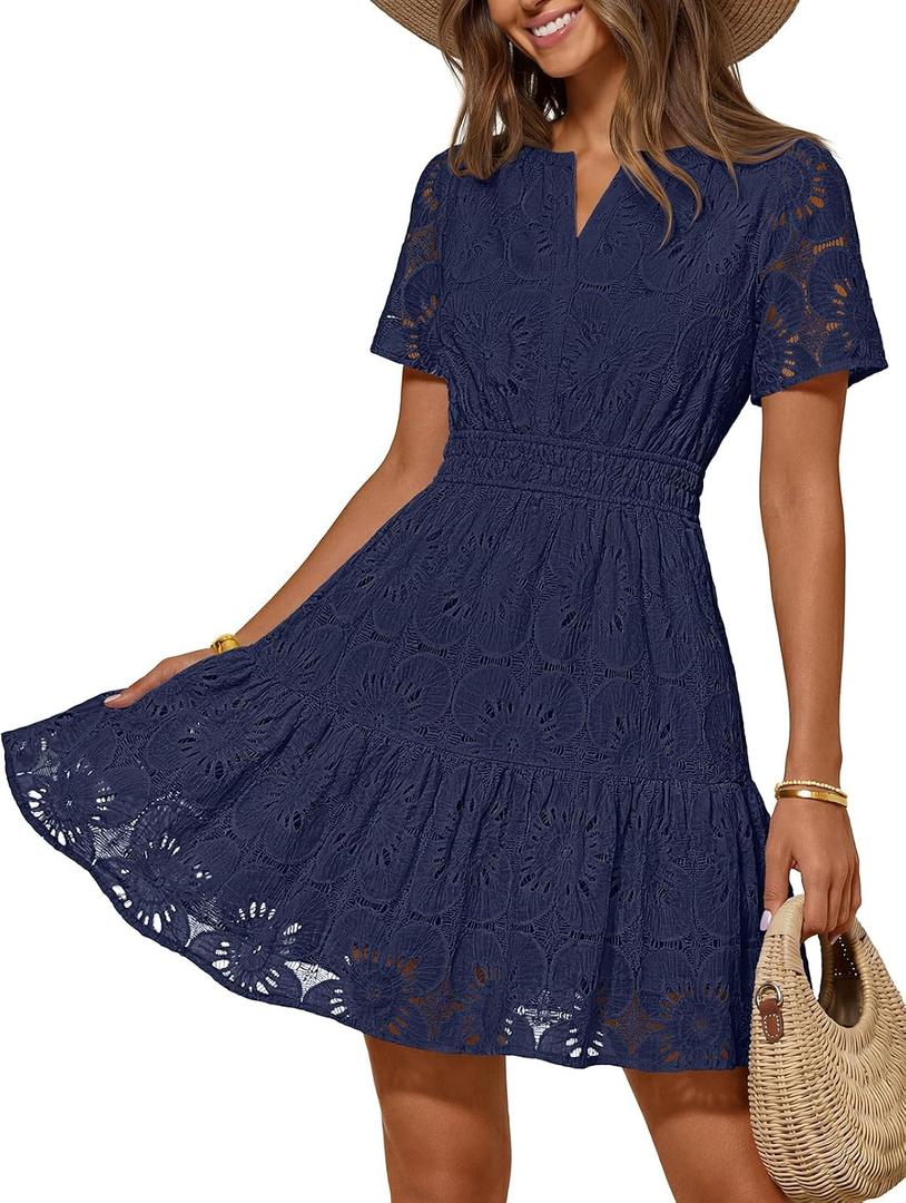 MEROKEETY Women's Summer Lace Boho Mini Dress 2026 Short Sleeve Floral Eyelet A Line Vacation Beach Short Sundress, L