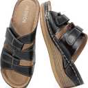 Womens Wedge Sandals Leather, Comfortable Slip On Slides Dressy, Orthopedic Sandals for Women, Open Toe Casua Arch Support Platform ladies Sandal Chunky Shoes (8.5, Black)