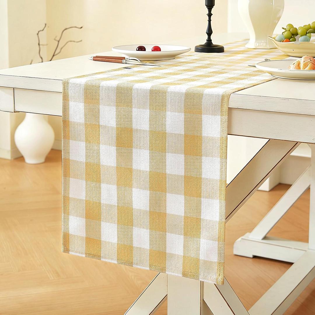 Laolitou Yellow Checkered Table Runner, Cotton Linen Gingham Table Runners, Classic Buffalo Plaid Farmhouse Table Decor, 13x90 Inches