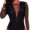RARITYUS Women Sexy Lace Bodysuit Jumpsuit See Through Mesh Sleeveless/Long Sleeve Tops Swimsuit for Party Outfit (Large)