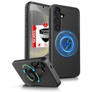for Samsung Galaxy S24 Case Compatible with MagSafe Magnetic,with 1 Screen Protector,Built-in Ring Kickstand Military Grade Drop Heavy Duty Protection Scratch Resistant Shockproof Phone Black