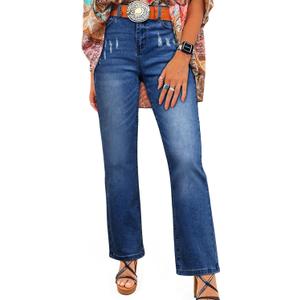 SHEWIN Straight Leg Jeans for Women Trendy High Rise Tapered Flare Jeans Stretchy Wide Leg Ankle Denim Pants with Pockets (4, Dark Blue)