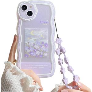 Fycyko Compatible with iPhone 14 Case with Cute Purple Flower Floral Pattern Design Aesthetic Women Teen Girls Flower Lens Protection Case for iPhone 14 +Chain-Flower