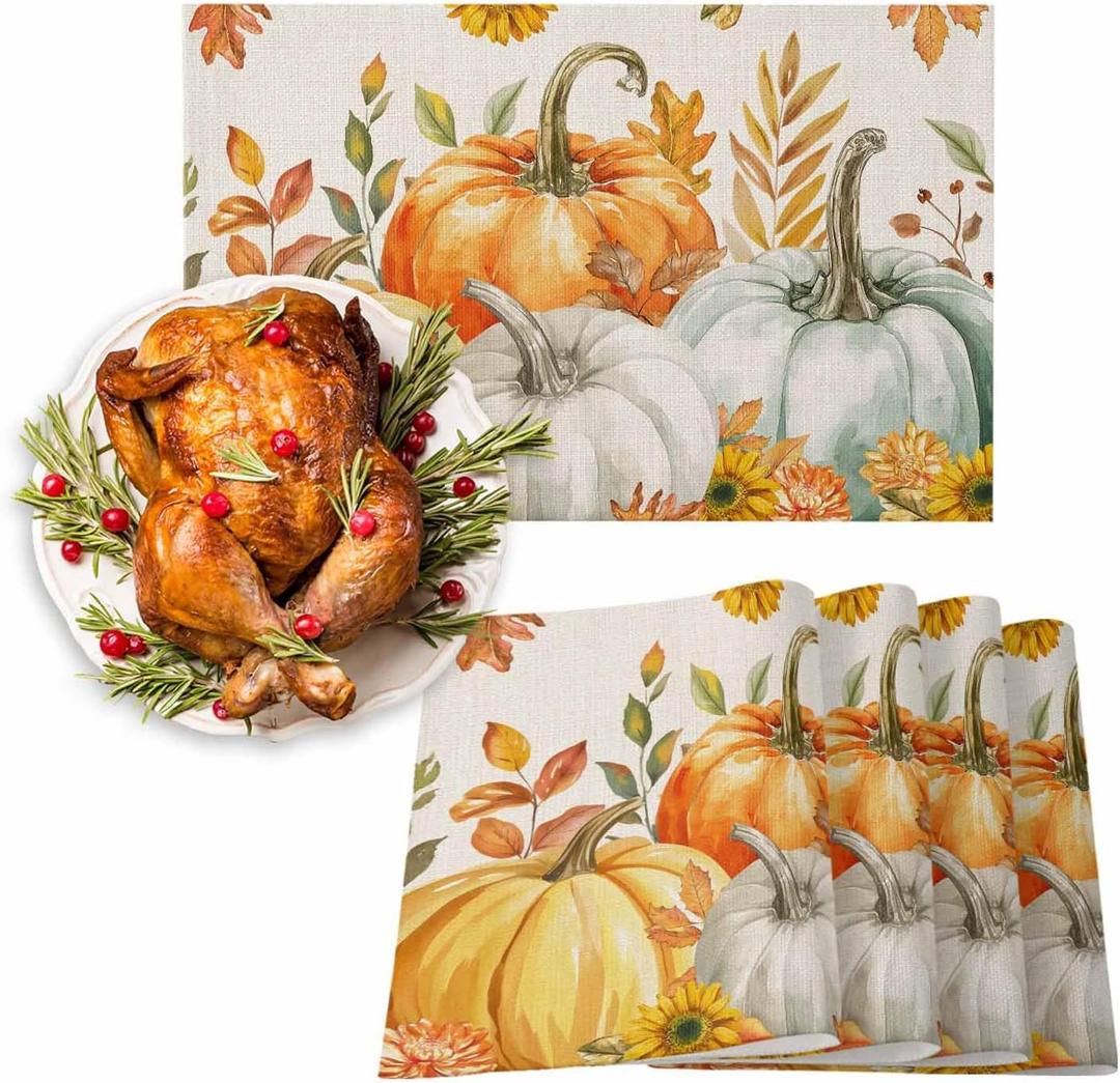 Fall Orange Pumpkins Placemats Set of 4 Watercolor Autumn Leaves Linen Texture Thanksgiving Washable Place Mats Non-Slip Heat Insulation Cotton Blend Table Mats for Kitchen Dining Party, 13"x19"