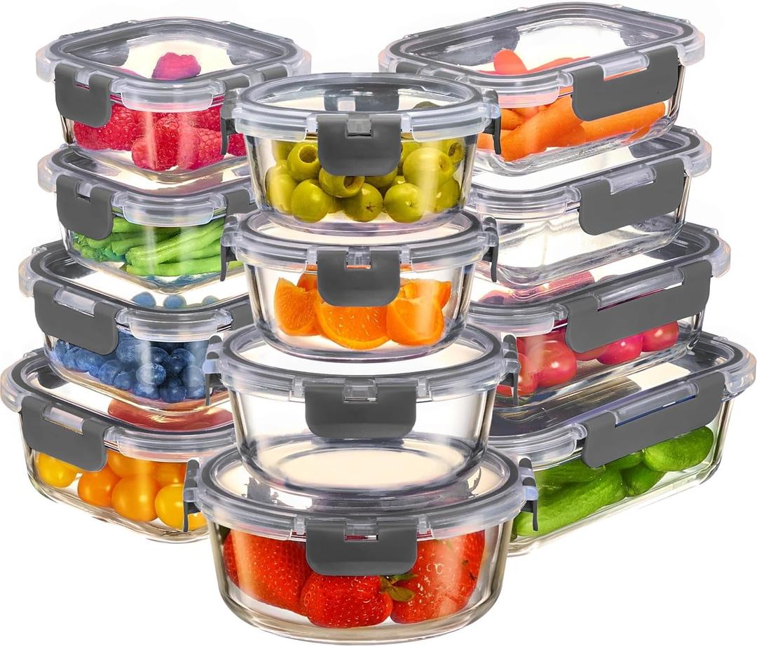 FineDine 24 Piece Glass Storage Containers with Lids - Airtight, Leak Proof, Dishwasher Safe, Glass Tupper Ware Sets with Lids, Food Storage Containers, Meal Prep Containers, Gray (24 Piece, Grey)