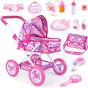 BABESIDE Baby Doll Stroller Set for 1012 Inch Dolls Only, 10-Piece Doll Stroller with Feeding & Care Accessories, 18-Inch Handle Height, Pretend Play Toy for Girls (Doll Not Included)