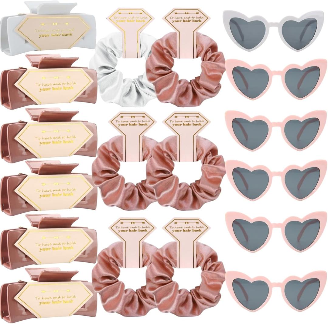 Bridesmaid Scrunchies Proposal Gifts Bachelorette Hair Claws Clips women heart sunglasses for Wedding Party Favors (White&Rose 18sets)
