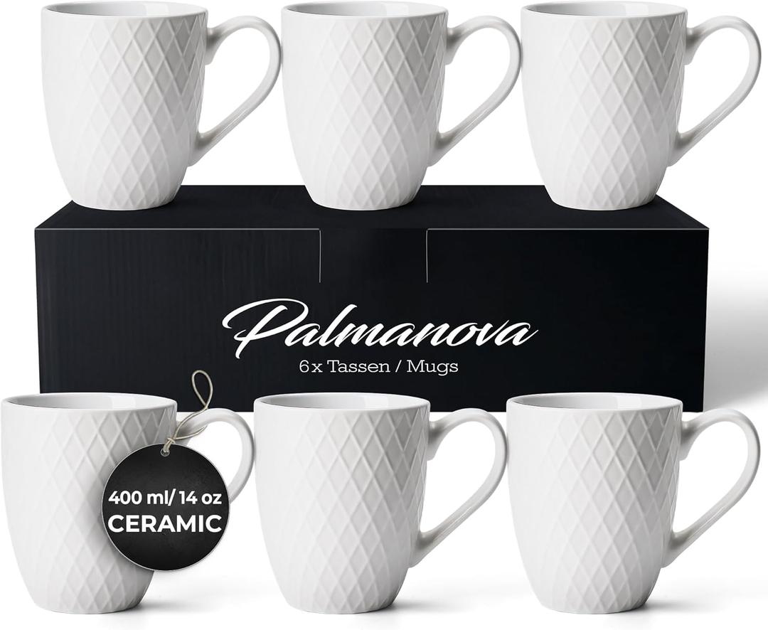 MIAMIO - Coffee Mugs set of 5 Cups - 5 x 14 Oz Ceramic Mugs - Large Coffee Mugs - Microwave & Dishwasher safe - Palmanova Collection (White)