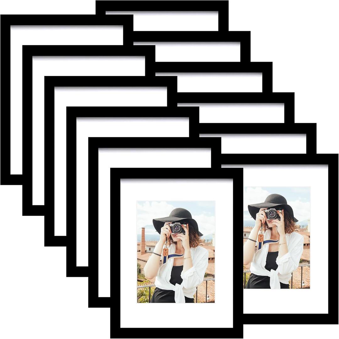 Picrit 8x12 Picture Frame Set of 12, Display 6x8 with Mat or 8x12 without Mat, Photo Frames for Wall Mounting or Table Top Display, Black