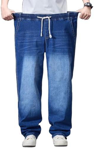 Djeanxa Plus Size Baggy Jeans for Men Stretchy Straight Loose Jett Jeans Drawstring Waist Pull On Denim Sweatpants 5XL