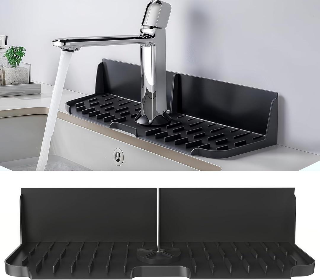Silicone Kitchen Sink auto Drain Organizer, Kitchen countertop and Sink Splash Guard.Kitchen Sponge Rack and organizing ShelfSuitable for Cleaning Tools, dispensers, Bottles, Cups (Black)