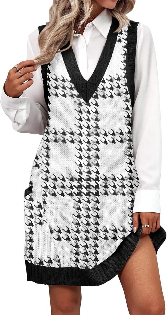 Zeagoo Womens Sweater Vest Dress Pattern Knitted Pullovers Sweaters V Neck Tank Sweater Dress with Pockets (X-Large, White Plaid)