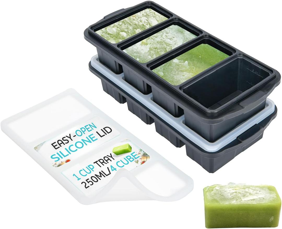 XOMOO Silicone Freezer Tray With Lid - Soup Freezer Container molds - Large Ice Cube Tray- makes 8 perfect 1 cup portions cubes, 2-Pack Freezer Storage Food Soups & Meal Prep - Oven & Dishwasher -Safe (Gray)