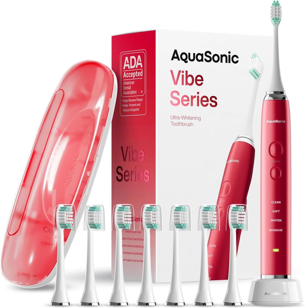Aquasonic Vibe Series Ultra-Whitening Toothbrush  ADA Accepted Electric Toothbrush - 8 Brush Heads & Travel Case  40,000 VPM Motor & Wireless Charging - 4 Modes w Smart Timer  Ruby