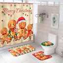 Preboun 4 Pcs Gingerbread Men Christmas Shower Curtain Set 72" Xmas Bathroom Decor with 12 Hook Non Slip Rug Toilet Lid Cover and Bath Mat Waterproof Bathroom Accessories Set Home Winter Holiday Decor