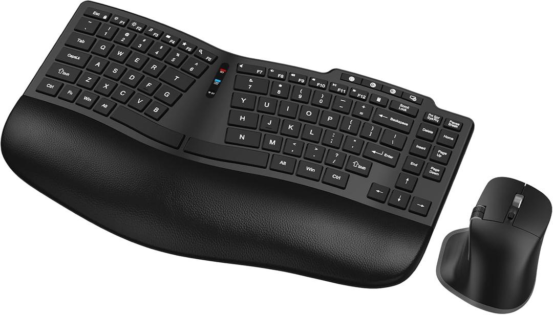 Ergonomic Wireless Keyboard Mouse, Wave Key Bluetooth/2.4G Split Design Ergo Keyboard Mouse Combo with Cushioned Palm Rest, Multi-Device, Rechargeable, for Multi-OS, Windows/Mac/Android Black
