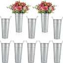 Galvanized Metal Vases for Centerpieces, 10 Inch Flower Buckets Artificial Floral Vase in Bulk Rustic Home Decor, Silver
