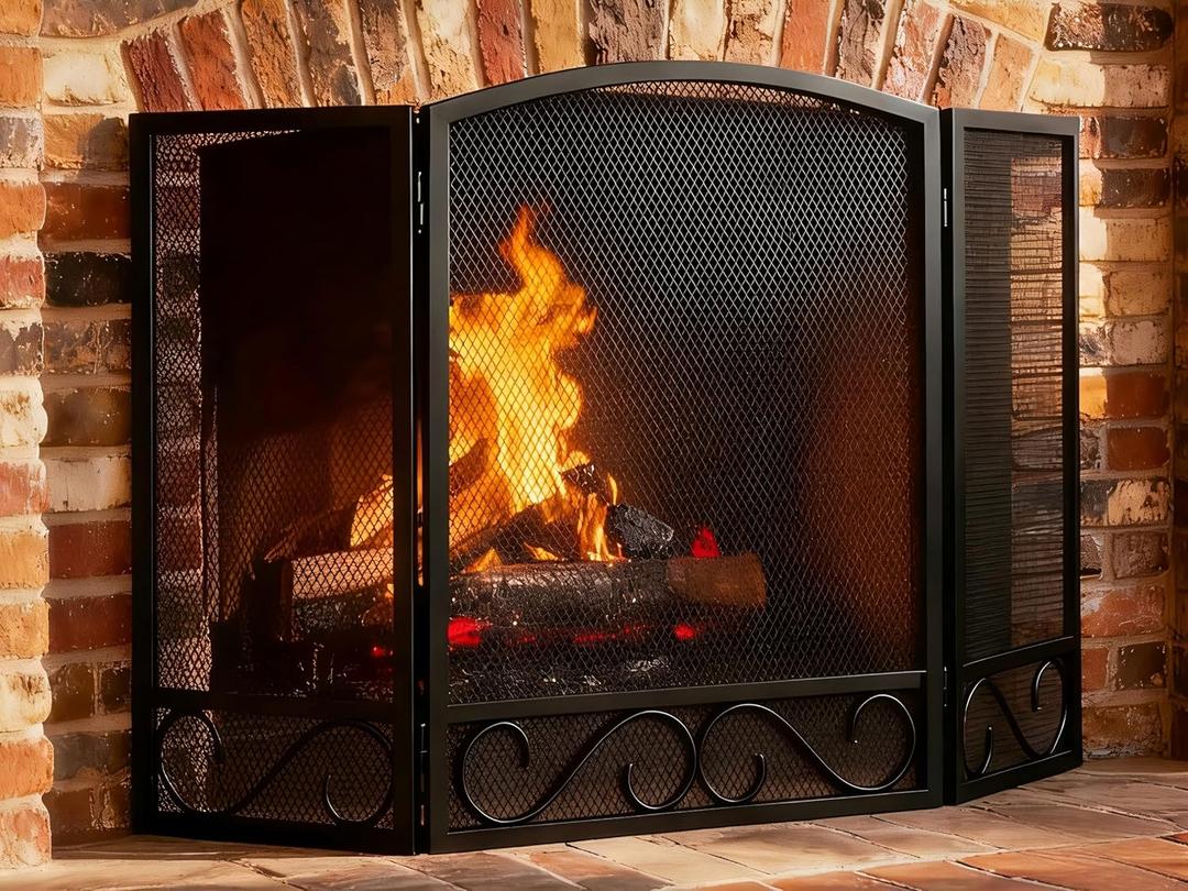 FEED GARDEN 3 Panel Fireplace Screen Wrought Iron 48" W x 29" H Foldable Heavy Duty Fire Spark Guard Cover with Metal Decorative Mesh for Living Room, Home Decor Indoor, Black