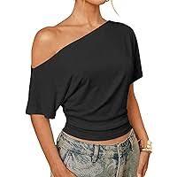 Yioaga Womens Off Shoulder Knitted Top Soft Short Sleeve Cinched Waist Knit Sweaters Summer Casual Y2k Going Out Crop Tops(Black,L)