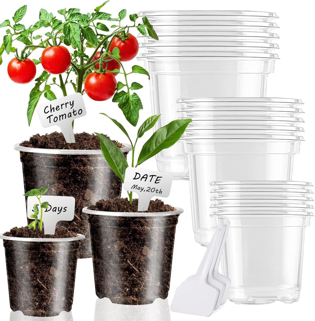 MAFONE Clear Nursery Pots 5/4/3.5 Inch, Plastic Seed Starter High Transparency Plastic Seedling Plant Pot with Drainage Holes15 Labels (15Pcs)
