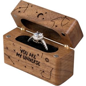 Wooden Engagement Ring Box for Proposal,Wedding,Walnut Wooden case for Little Slim Ring,Pocket Size Secret(You are my universe)
