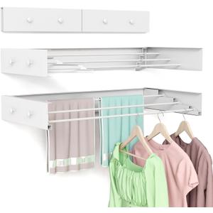 Wall Mounted Drying Rack for Laundry 23.6'', Foldable Laundry Drying Rack Clothing Wall Mount with 4 Towel Hooks and 4 Rods, Space Saving for Indoor Outdoor Bathroom Balcony (White, 23.6'')