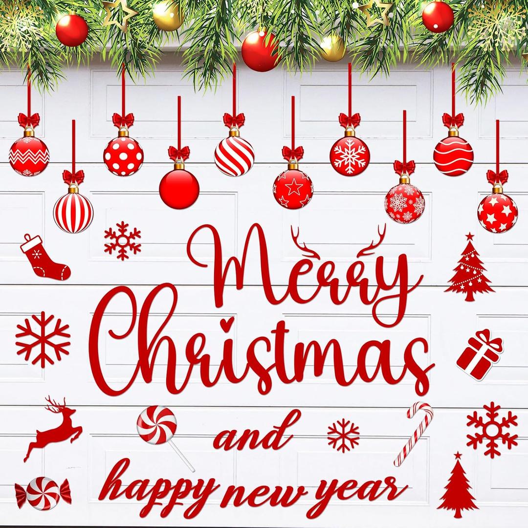 28 Pcs Christmas Garage Door Magnets Garage Door Christmas Decorations Magnetic Stickers Xmas Snowman Santa Holiday Candy Cane Gnome Truck Stickers for Outdoor Home Decor(Ball)