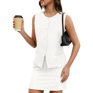 Casly Lamiit Women's Two Piece Blazer Outfits Summer Skirt Set Button Down Vest Short Skort Crew Neck Business Casual Suit (Large, White)