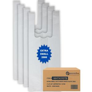 EXTRA SMALL White Unprinted HDPE T-Shirt Bags 4"x3"x10" with handles  2000 Bags  12 Microns  Perfect for Supermarkets, Grocery Shopping and Store Purchases