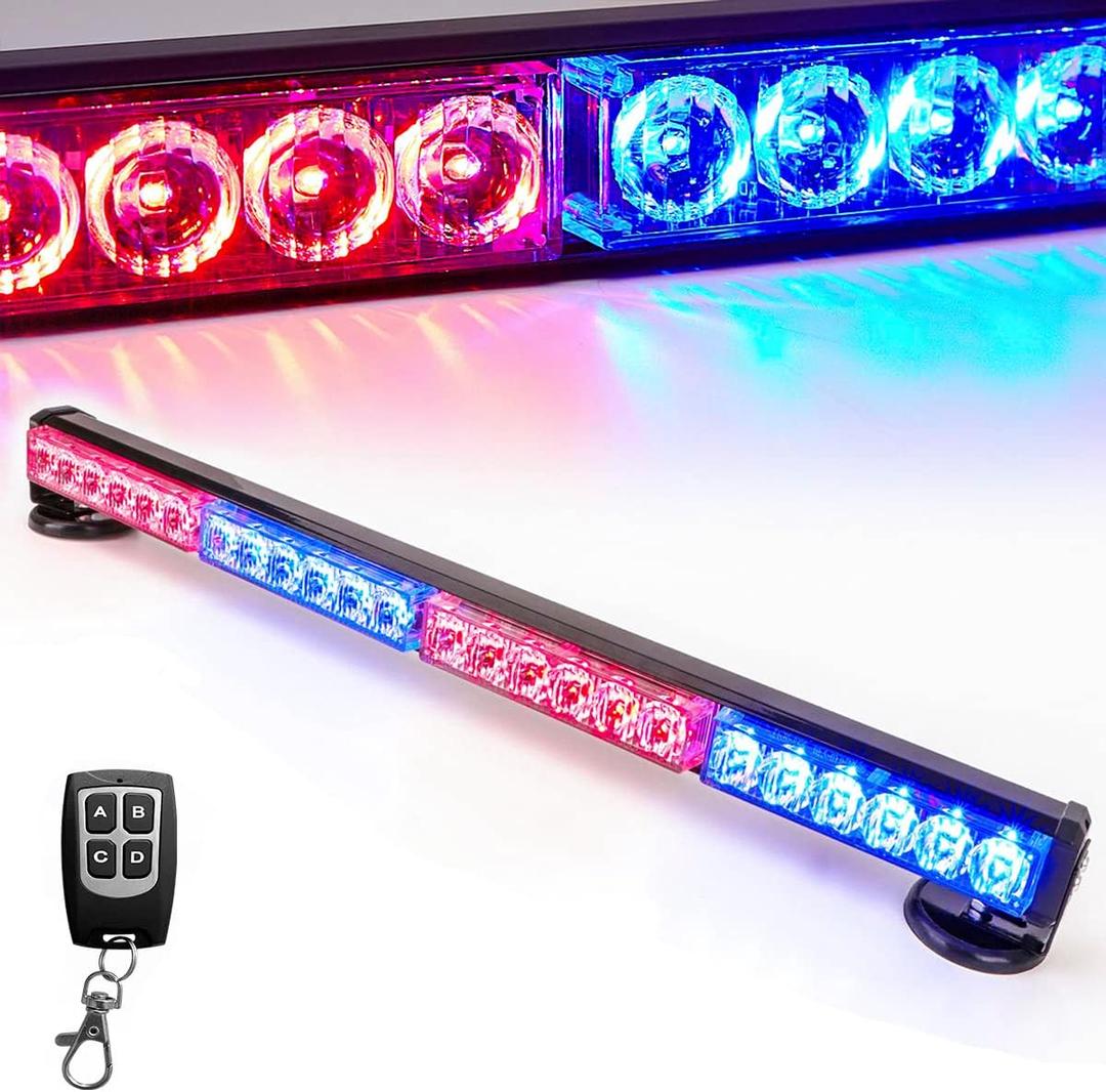 Wireless Remote Control Battery Traffic Advisor Emergency Lights Bar Led Strobe Safety Warning Light Roof Top Hazard Flash with Magnetic Base Mount and 12V Rechargeable Plug (24,Red/Blue)