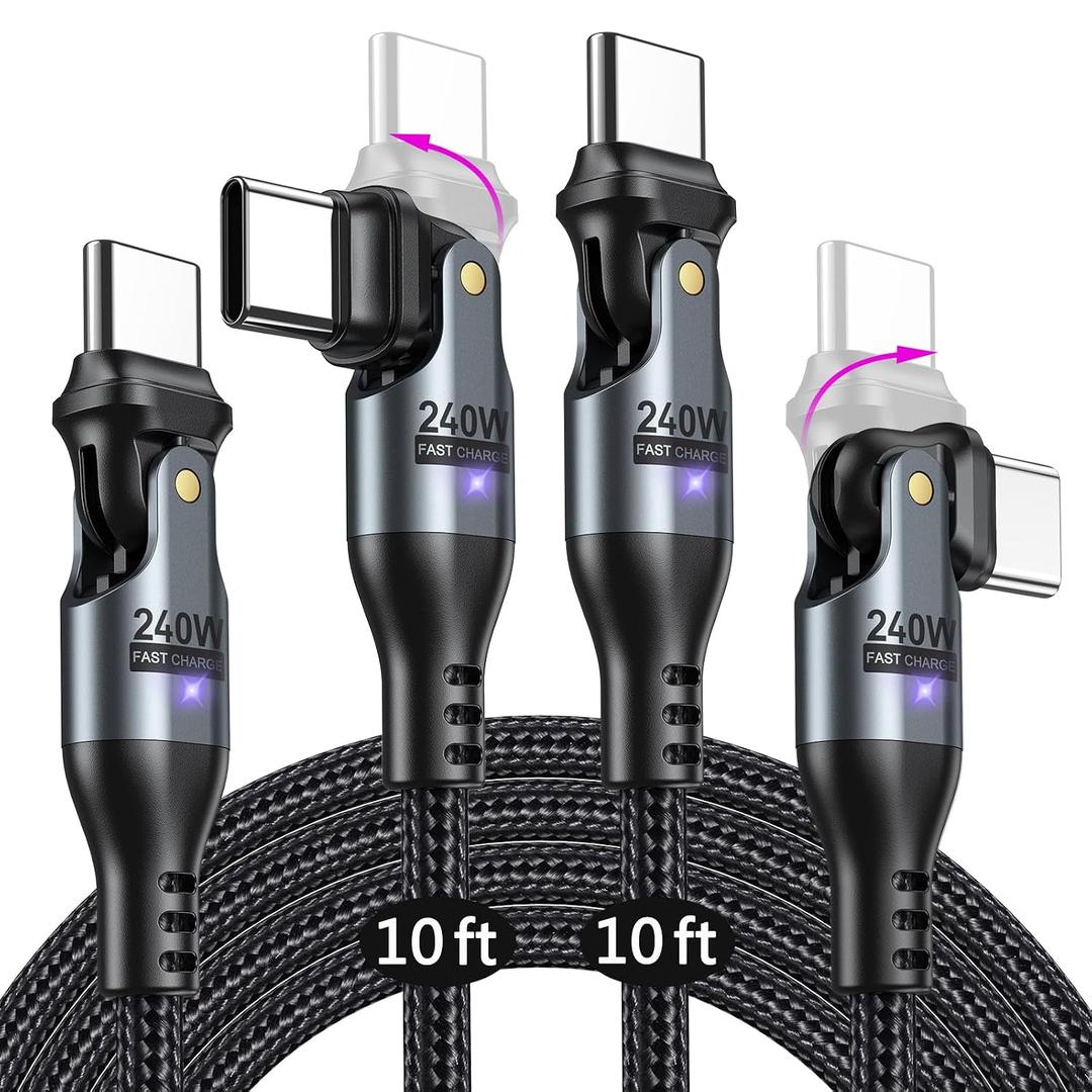 AUFU 240W USB C to USB C Cable 10ft(2Pack), USBC to USBC Dual Head 180 Rotation/C to C Cable/High Speed USB C Cable/USB C Fast Charging Cable for Phone 16/15/Ma-Book/Pad Series, Samsung Galaxy Series