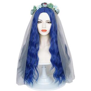 Wiggy Mermaid Blue Bride Wig for Corpse Costume, Long Wavy Wig with Bride Veil & Flower Crown + Wig Cap for Halloween Cosplay