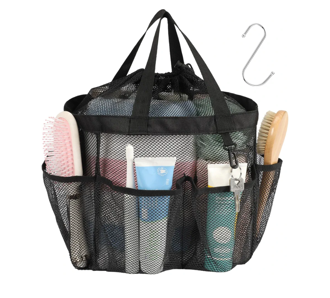 Mesh Shower Caddy Portable with Drawstring - Large 8 Pockets Dorm Room Essentials for Guys Girls with S Hook, Shower Bag Basket Tote for College Camping Gym Travel Toiletry Bathroom, Black