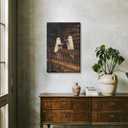 vintage halloween wall art Two cute ghosts in a library Canvas print romantic dark academia moody cottagecore horror posters for Halloween Party House Room Decor 8x12inch Framed