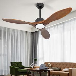 52 Inch Brown Wood Ceiling Fan with Light and Remote, 6 Speed and Reversible DC Motor, 3 Blade Low Profile Flush Mount Mordern Wood Ceiling Fans for Living Room Bedroom Outdoor Patio