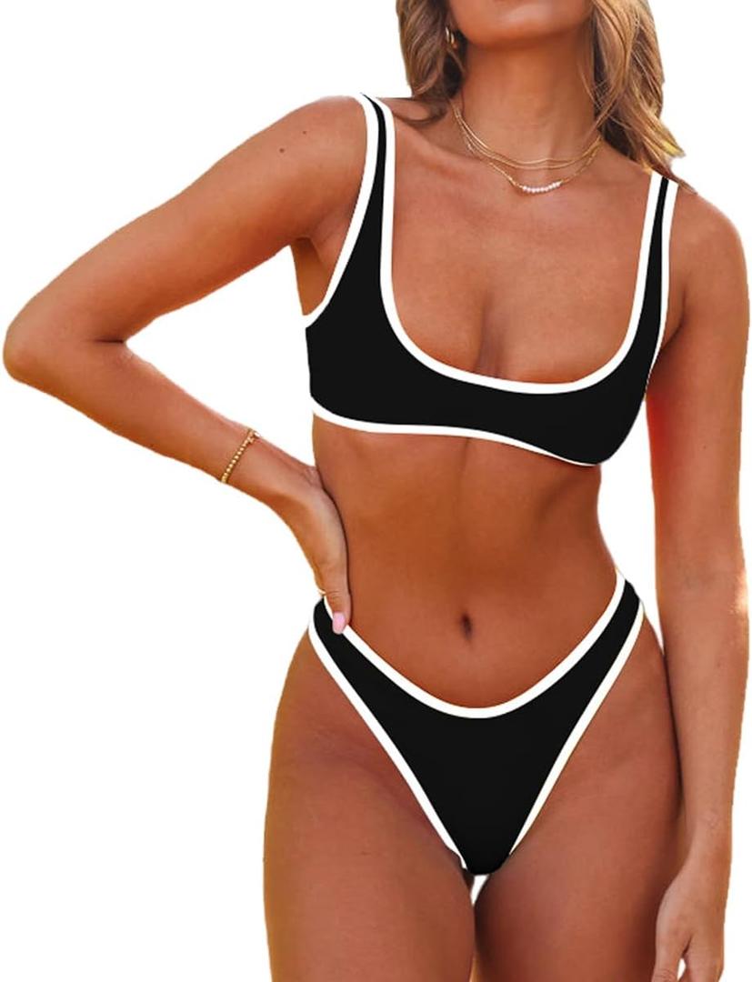 SherryDC Women's Sexy Scoop Neck Bikini Sets Color Block High Cut Thong Brazilian Two Pieces Swimsuit Bathing Suit, Size: S